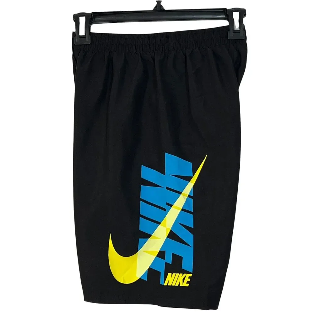 Nike Boys XL Black Swim Trunks Blue Yellow Graphic Logo Mesh Lined Summer